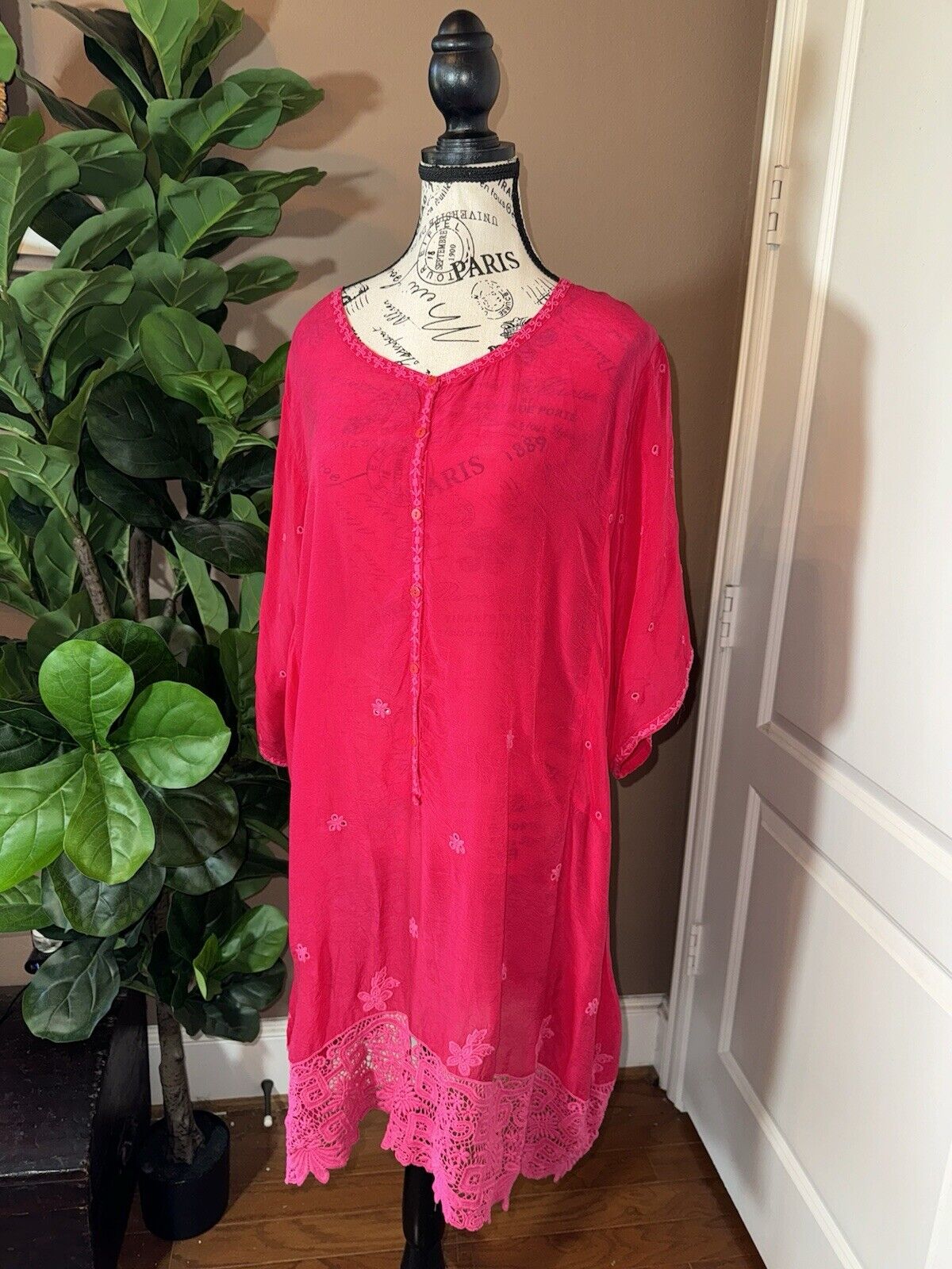 Johnny Was 3X Barbie Pink Tunic Top Mini Dress Eyelet Lace Watermelon Red