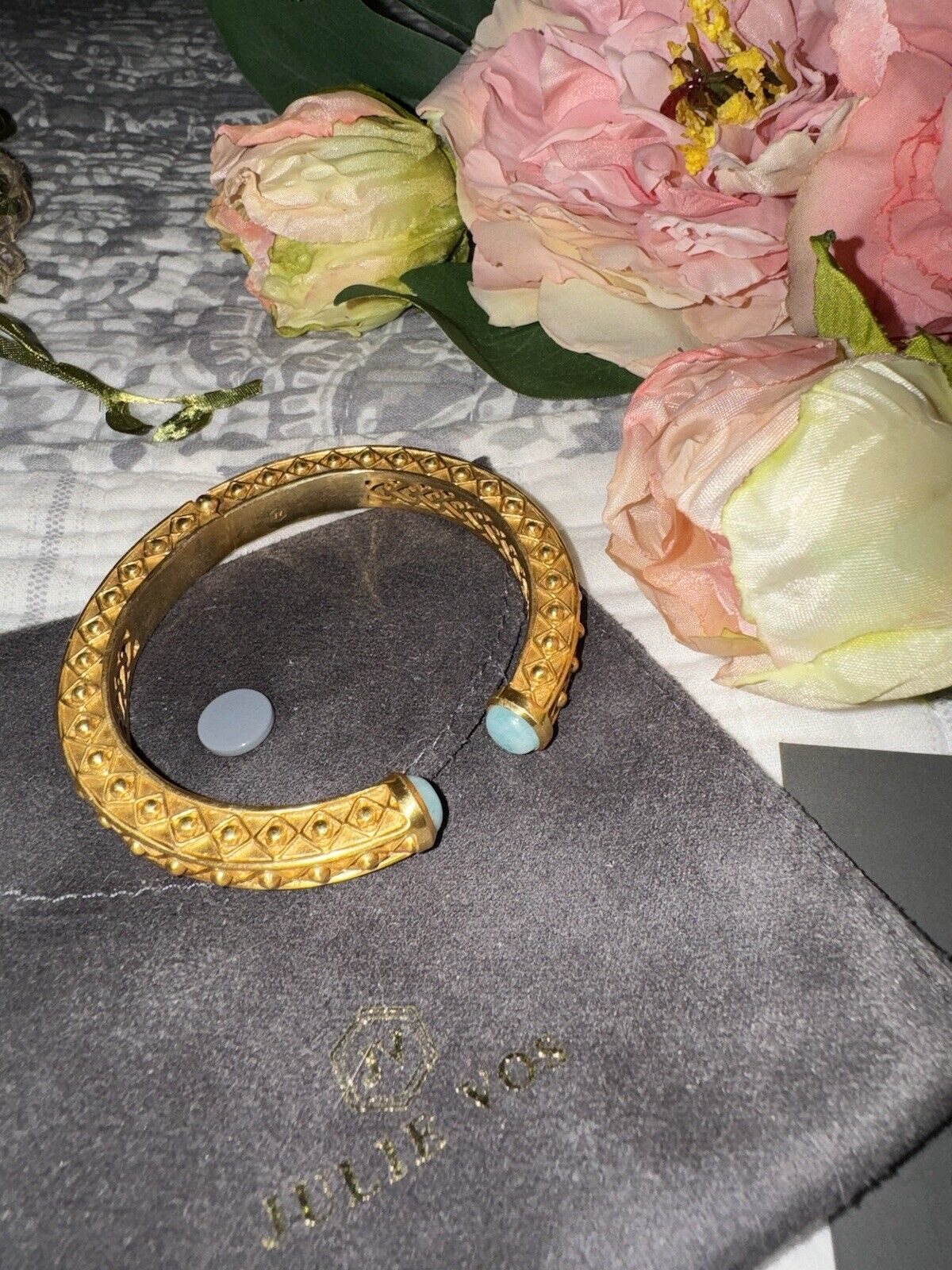 Julie Vos Cuff Hinged Bangle Bracelet 24k Gold Plate & Turquoise Blue Stone RARE