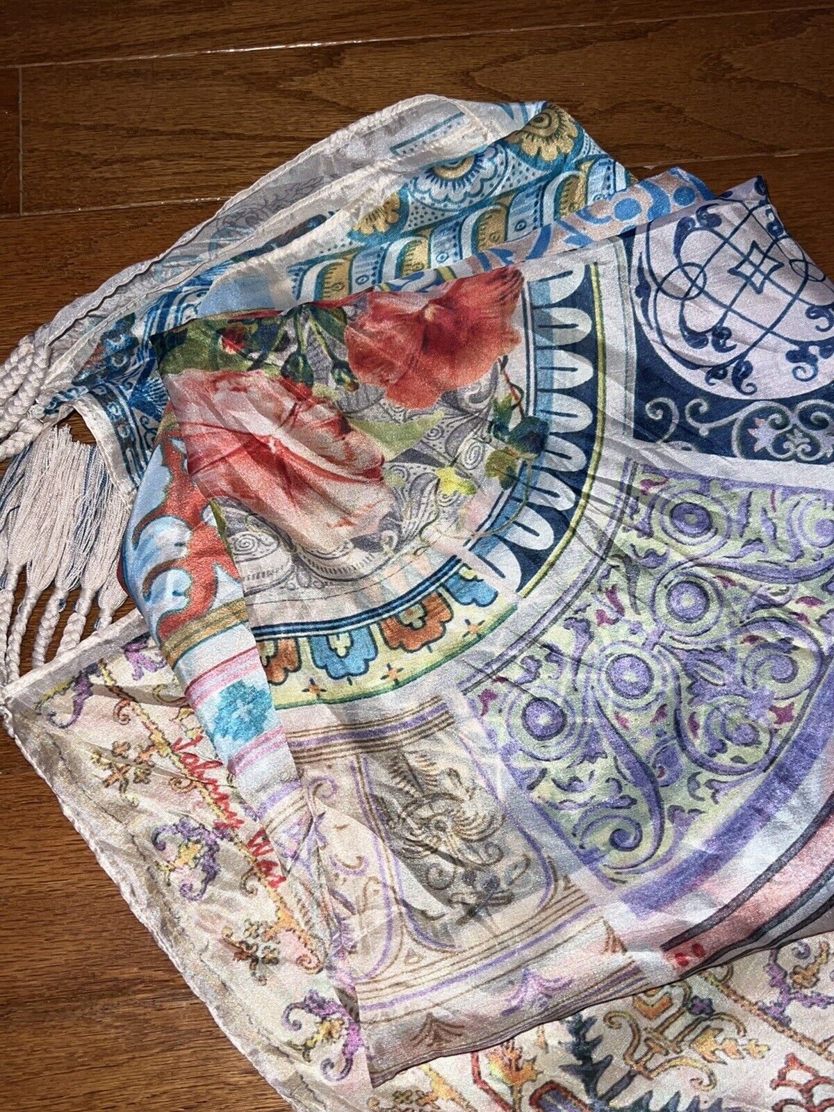 Johnny Was Silk Scarf w/ Tassels & Roses Beautiful Condition