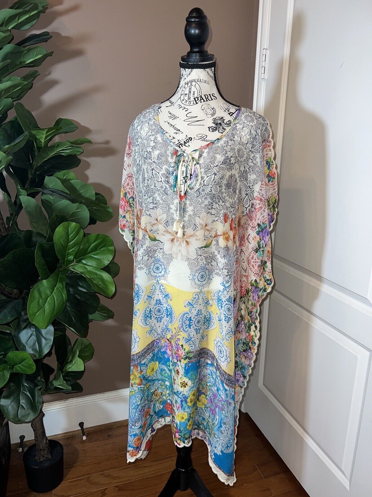 Johnny Was Silky Long Kimono Kaftan Floral & Patchwork Yellow XXL 2XL 2X SPRING