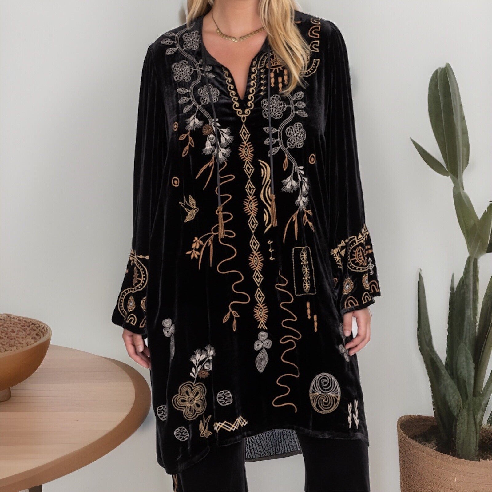 Johnny Was 3X 3XL Black & Gold Velvet Kimono Shift Mini Dress Or Tunic Top Johnny Was