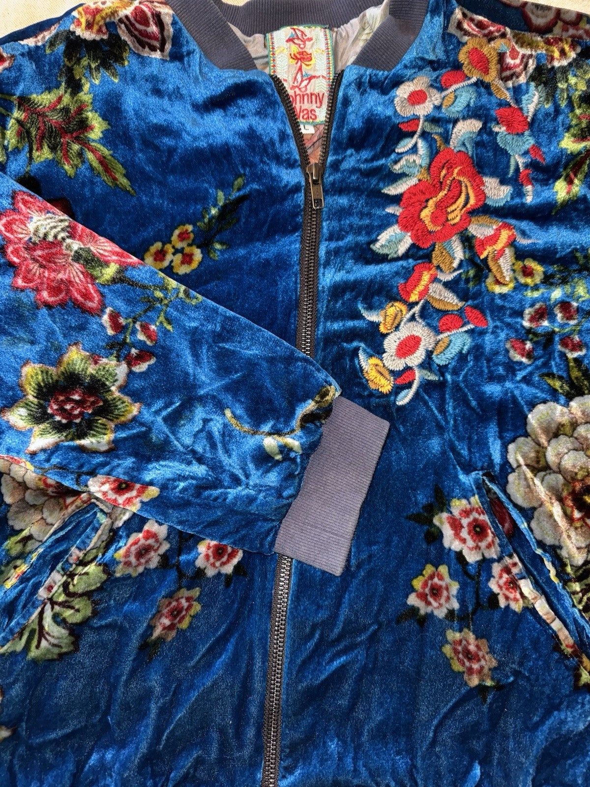 Johnny Was L Blue Velvet Bomber Jacket Flight Coat Floral Lightweight Warm Soft Johnny Was