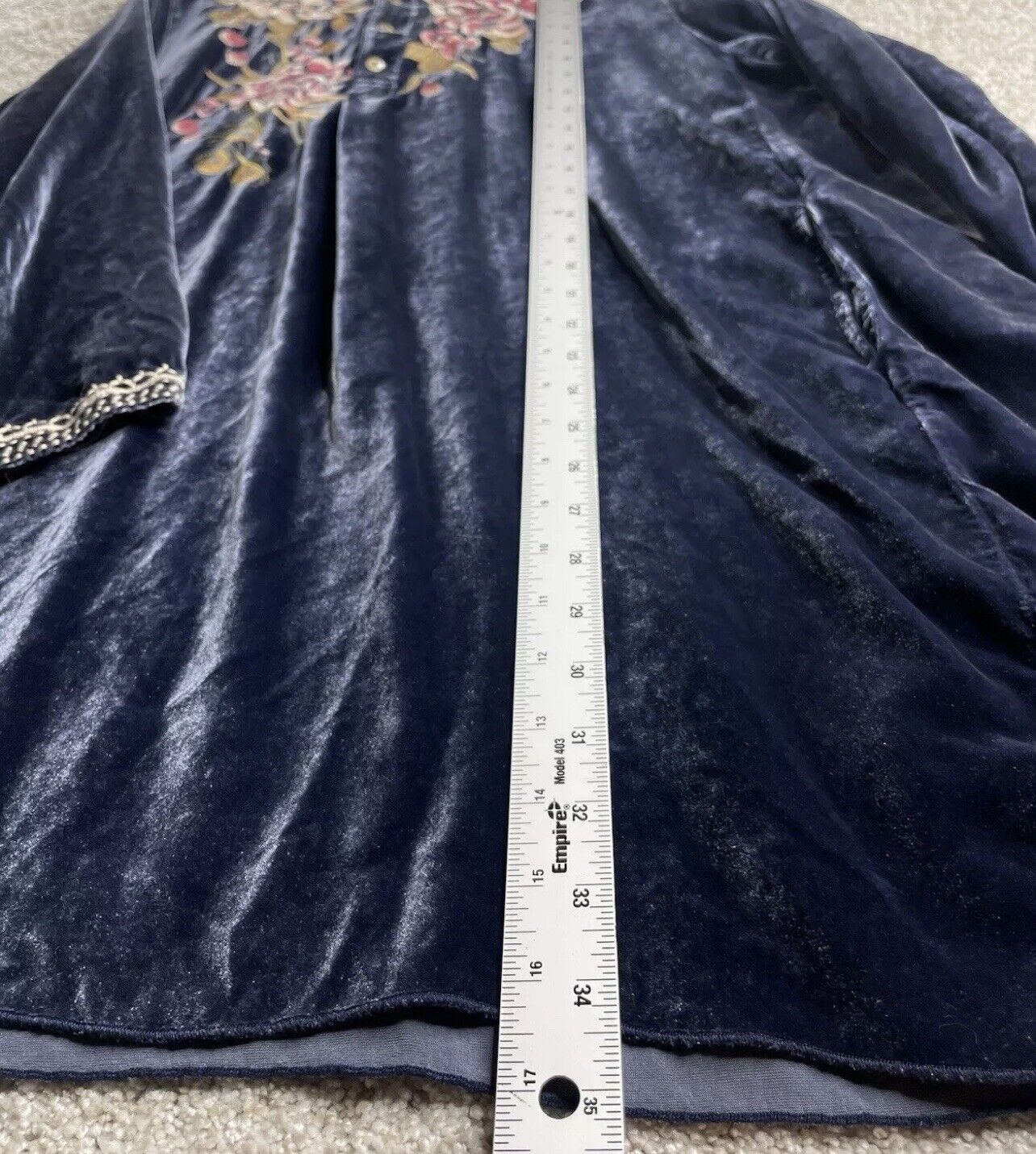 Johnny Was XL 1X Blue Velvet Kimono Mini Dress Peacock Feather Embroidery