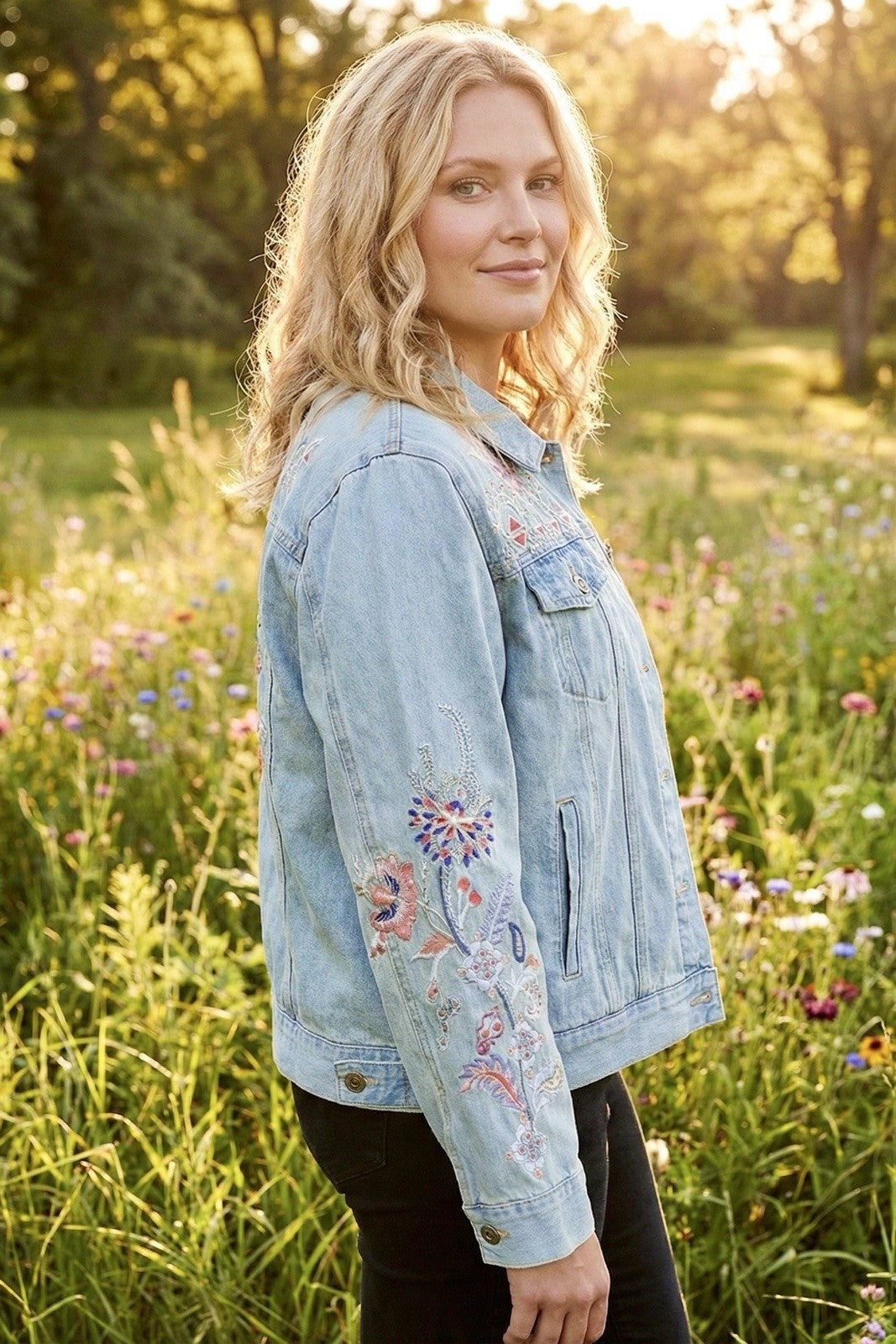 Johnny Was XL Denim Jacket Worker Coat Embroidered Phoenix Bird Light Wash Johnny Was