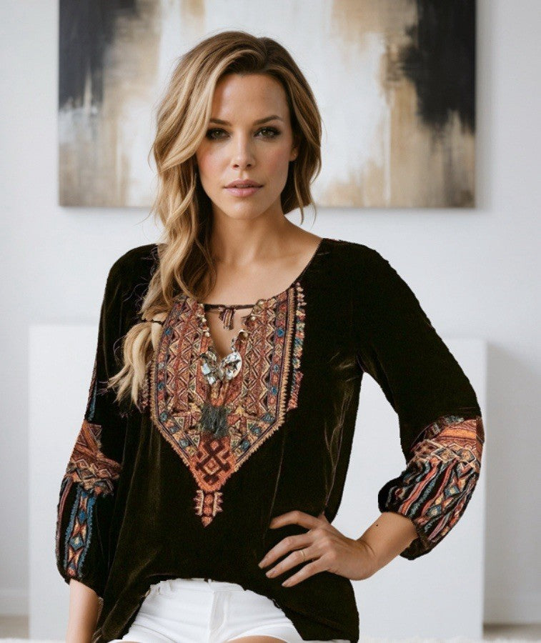 JOHNNY WAS L Large Black Velvet Peasant Blouse Shirt Tunic Top Embroidered Johnny Was