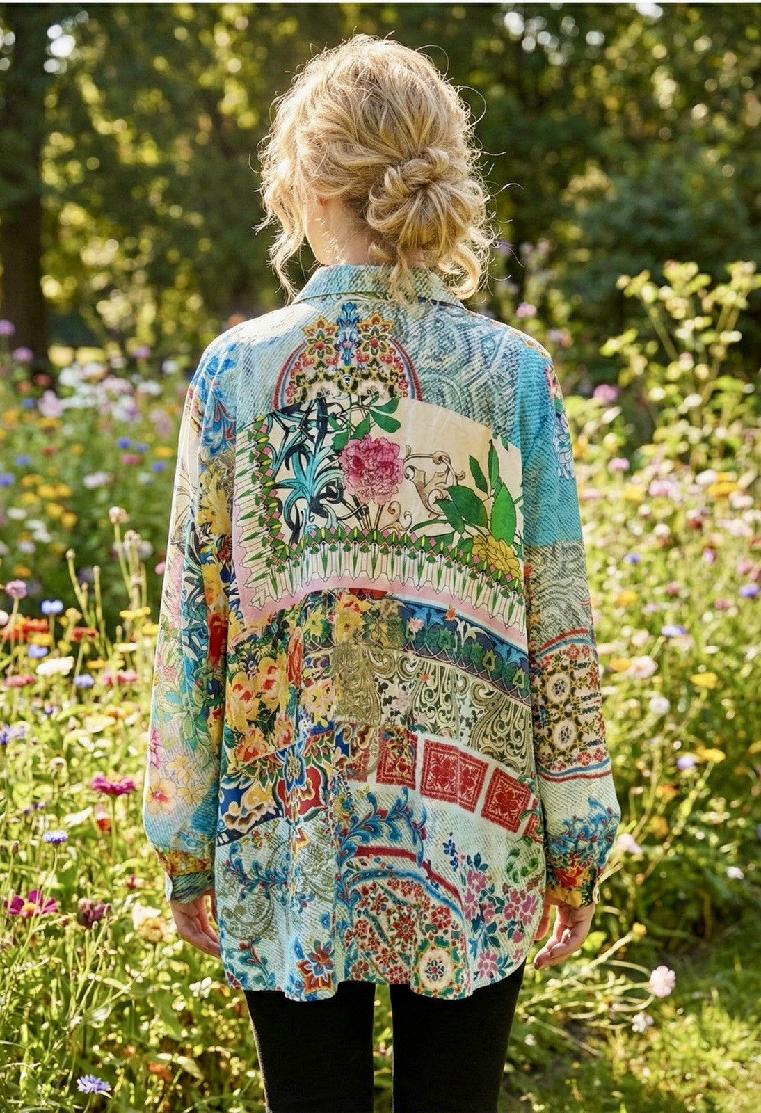 Johnny Was 3X 3XL 100% Silk Button Up Tunic Top Blouse Shirt Kimono L/S Johnny Was