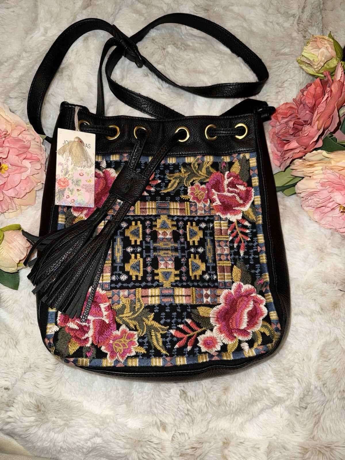 Johnny Was Black Leather Tote Bag Purse Crossbody Hobo Bucket Tassels Johnny Was