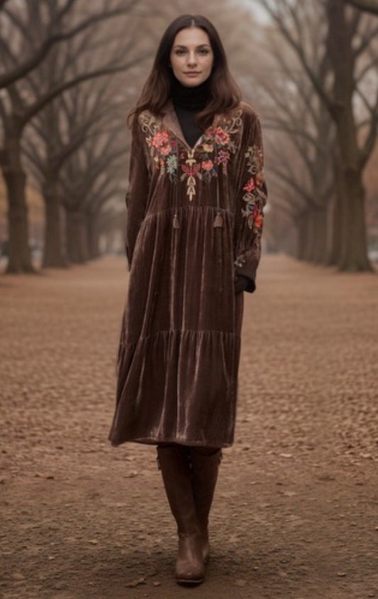 Johnny Was Xl Chocolate Brown Velvet Maxi Dress Peasant Tiered Embroidered Johnny Was