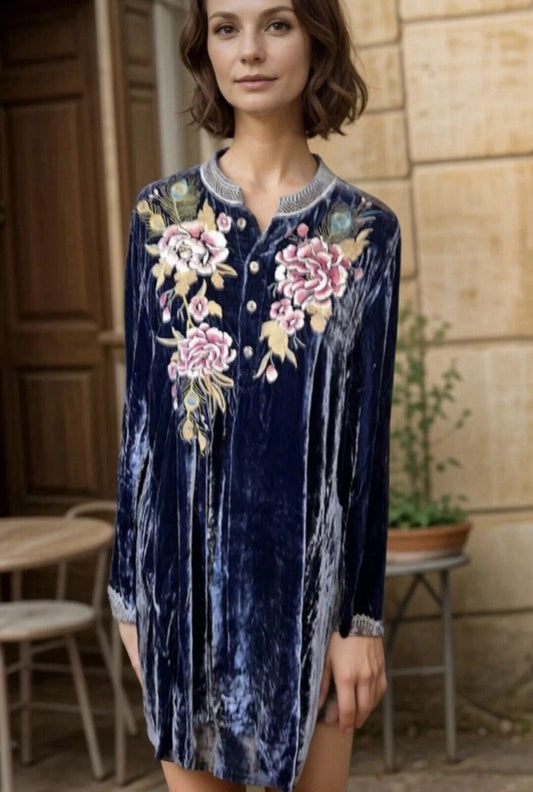 Johnny Was 3X Blue Velvet Mini Shift Dress Peacock Feather Embroidery Kimono SEE