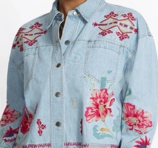 Johnny Was 3X Denim Worker Jacket Coat Lightwash Embroidered Roses Johnny Was