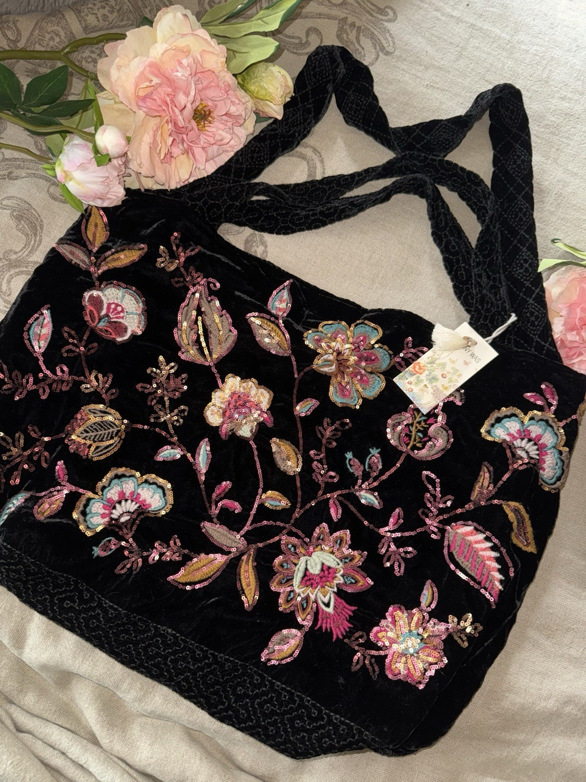 Johnny Was Large Black Velvet & Sequin Hobo Bag Tote Purse Embroidered Crossbody Johnny Was