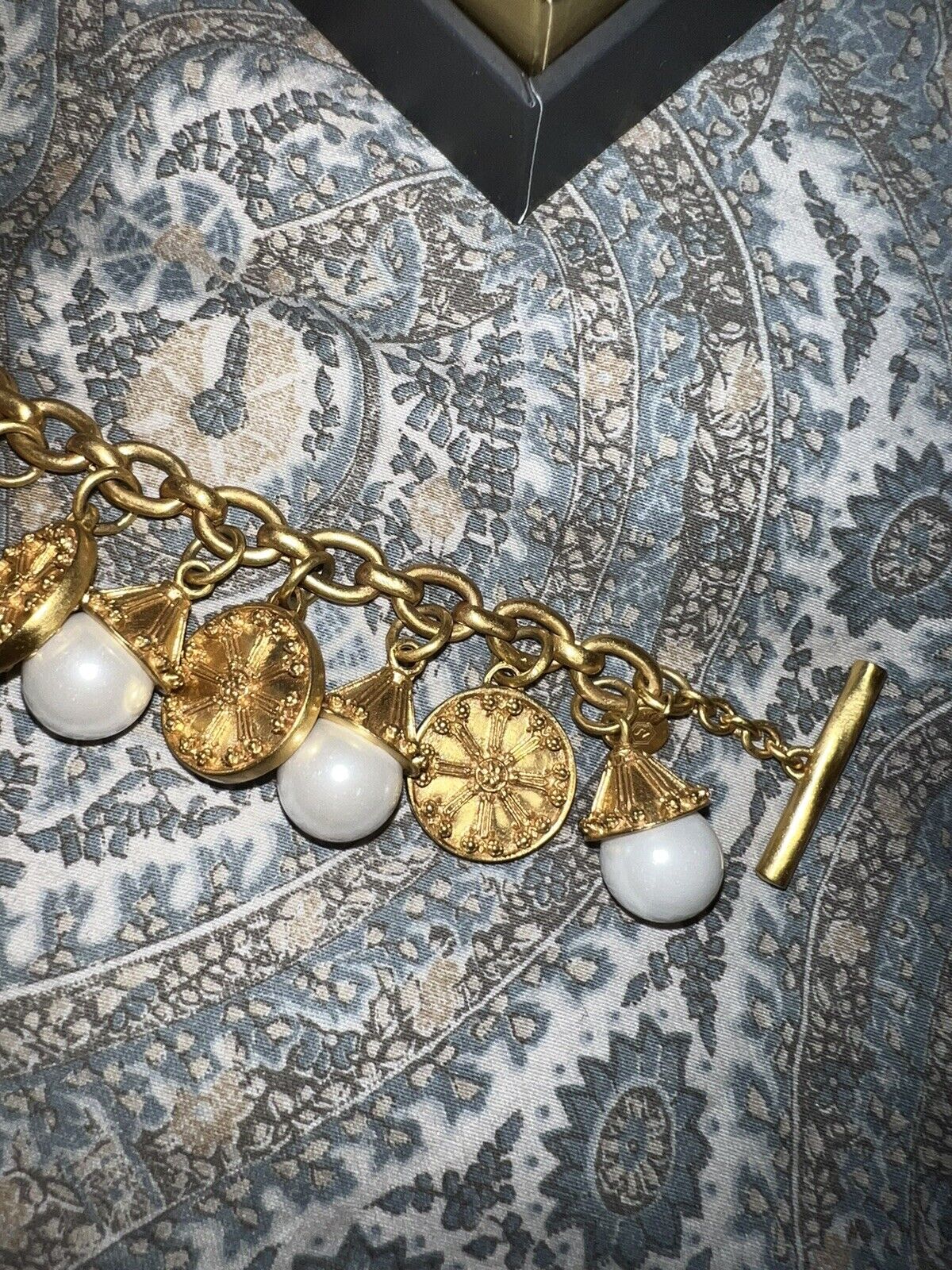 Julie Vos Pearl & Medallion Charm Link Bracelet Toggle 24k Gold Plated