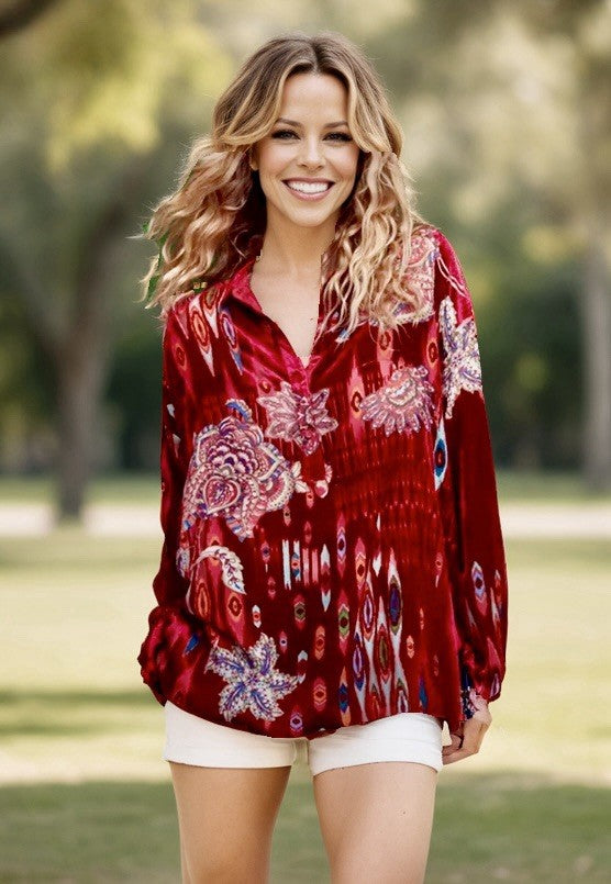 Johnny Was XL Red Burnout Velvet & Silk Button Up Blouse Tunic Top Shirt Johnny Was