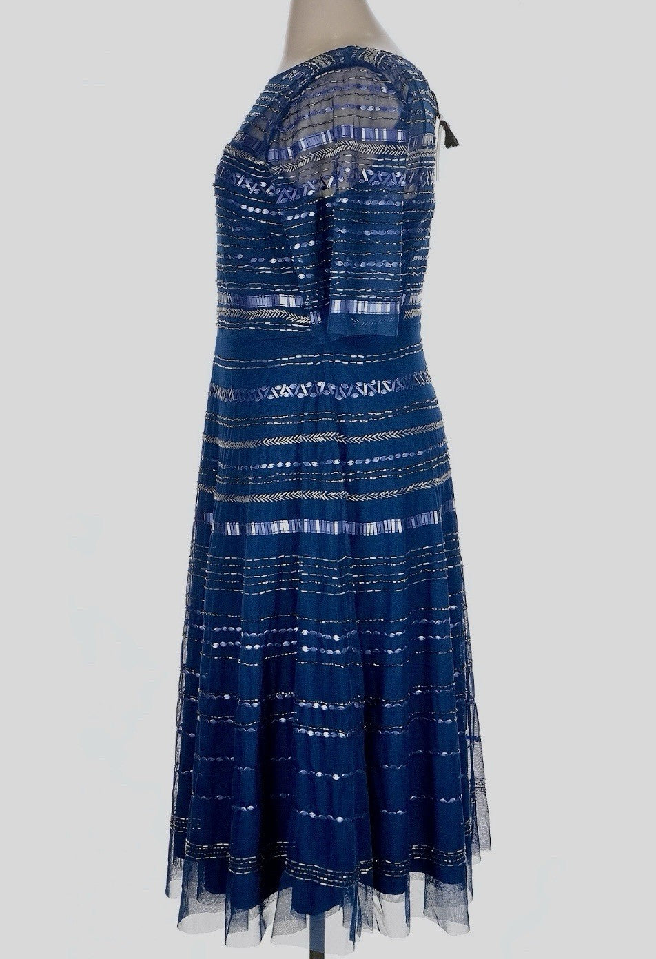 Johnny Was Sz 14 Blue Beaded Mesh Cocktail Party Dress $625 Retail Blk Label Johnny Was