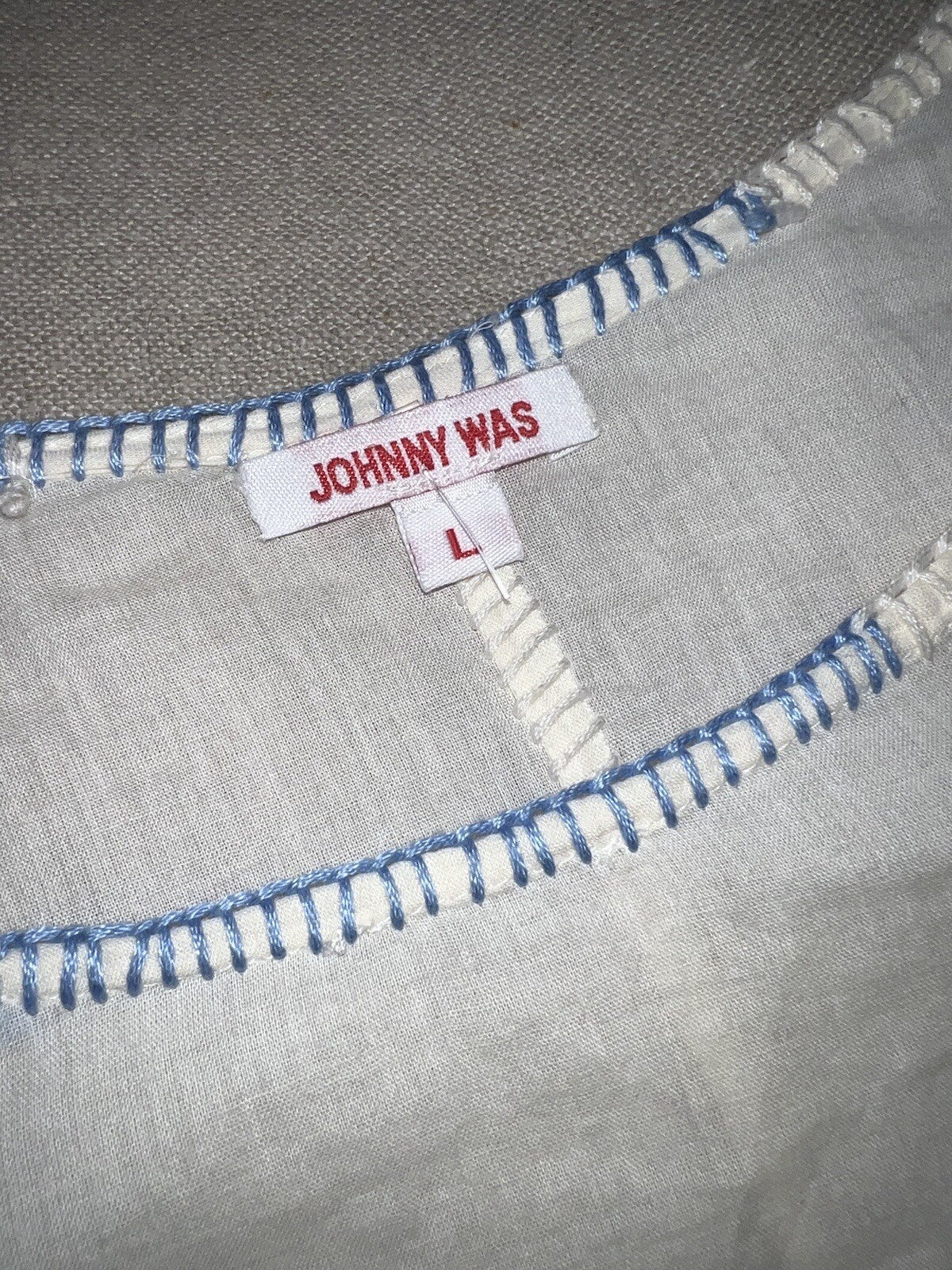 Johnny Was L Large White & Blue Cotton Poncho Peasant Top Tassels Beading Cool Johnny Was