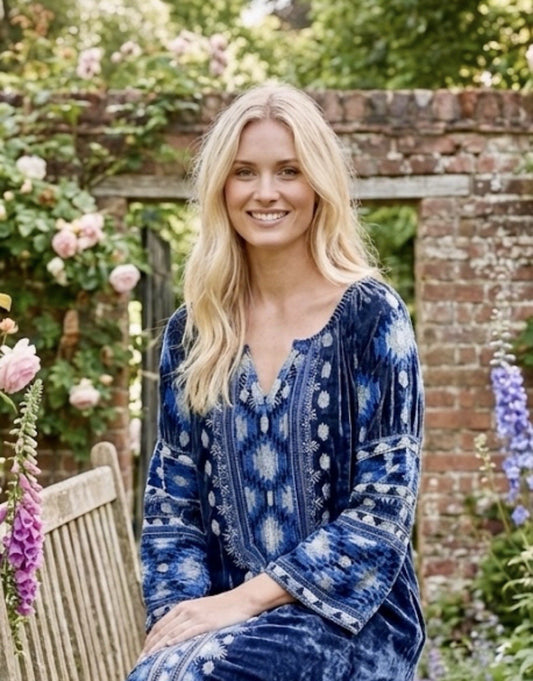 Johnny Was M Blue Velvet Heavily Embroidered Shift Mini Dress Swing Tunic Top Johnny Was