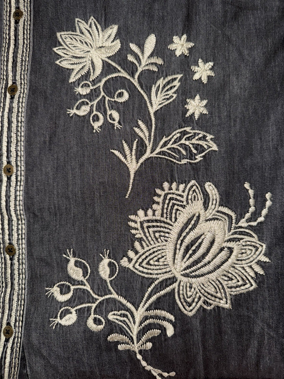 Johnny Was L Denim Chore Jacket Shacket Coat Black Grey Wash Embroidered Johnny Was