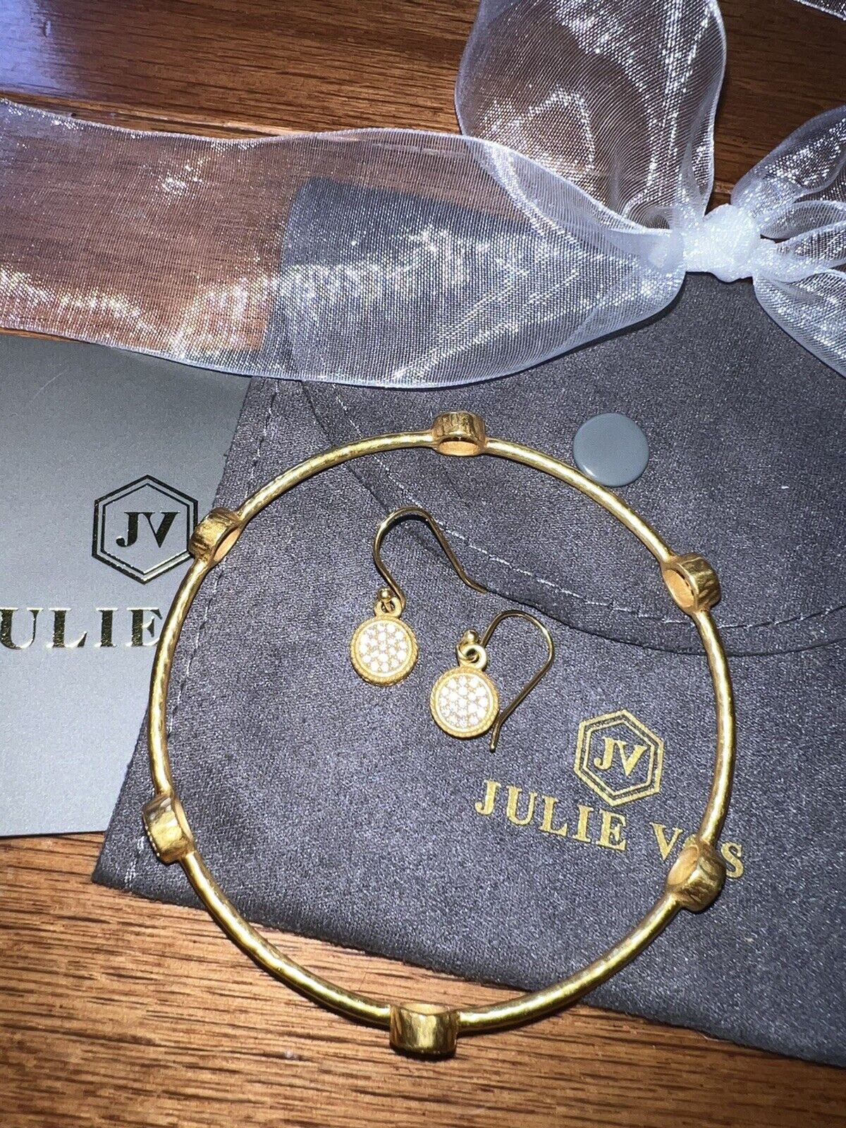 NEW 3pc Julie Vos Pave Earrings & CZ Stations Bracelet Bangle Sz Large NWOT