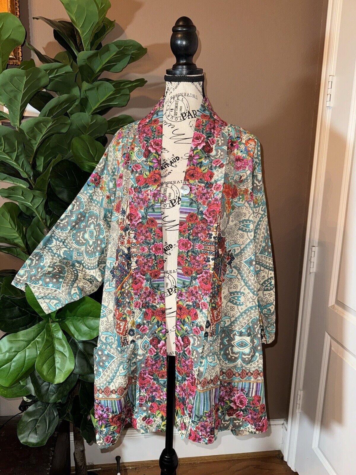 Johnny Was 100% Cotton Kimono M Medium Top Wrap Cardigan Jacket Pockets