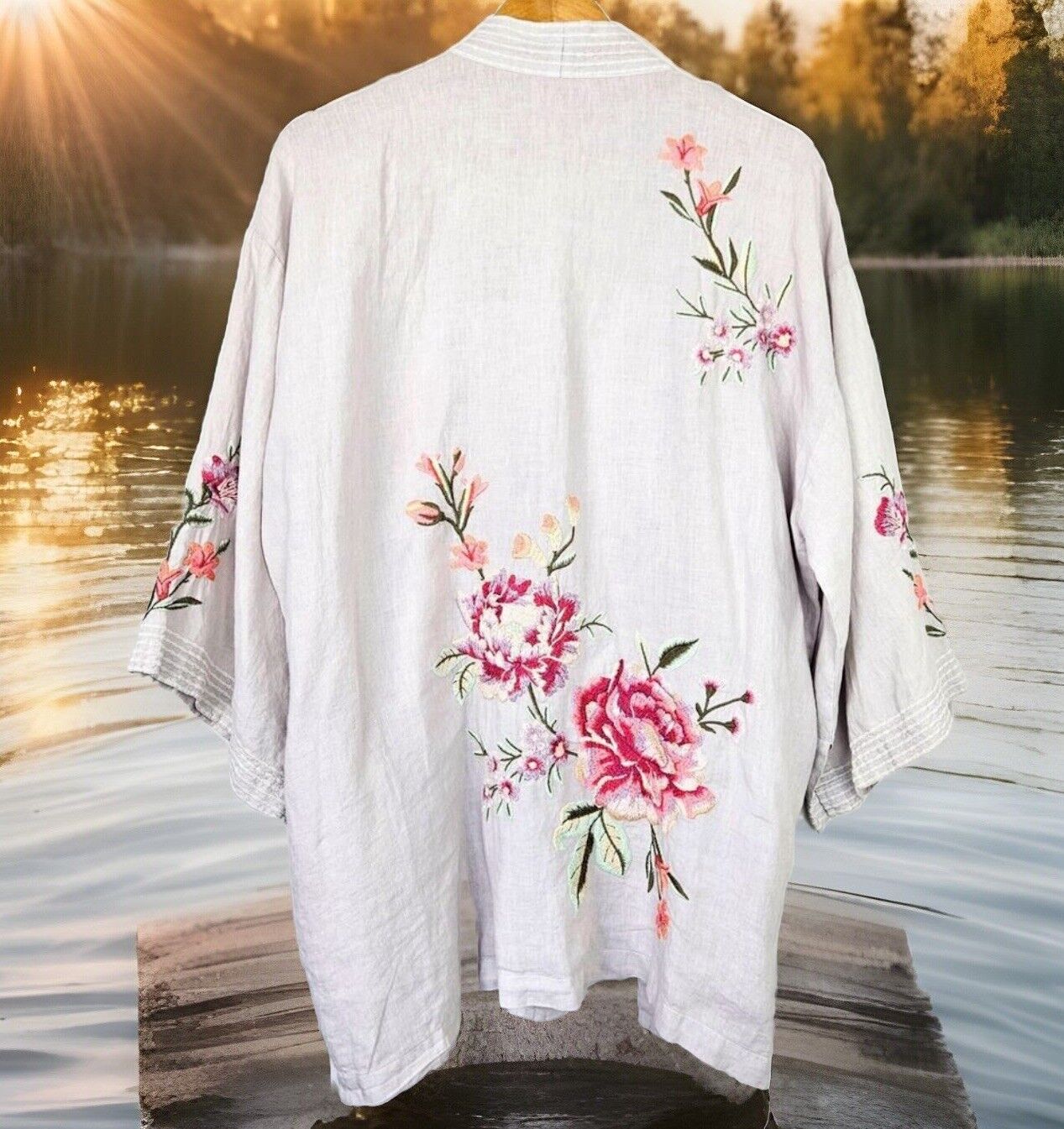 Johnny Was XL 1X Linen Embroidered Kimono Cardigan Top Wrap Jacket Coat