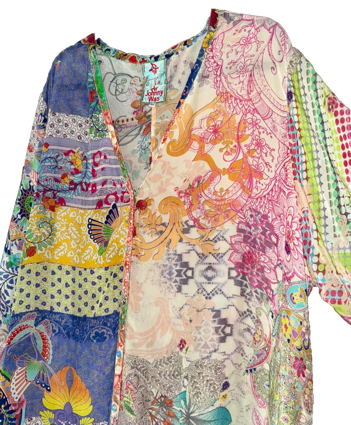 Johnny Was 3X Plus Button Up Shirt Dress Silky Tunic Kimono Patchwork Pattern Johnny Was