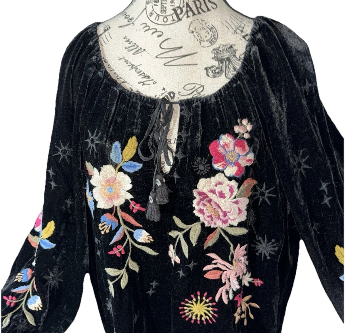 Johnny Was L Black Velvet Peasant Top Tunic Blouse Shirt Embroidered Roses Stars Johnny Was