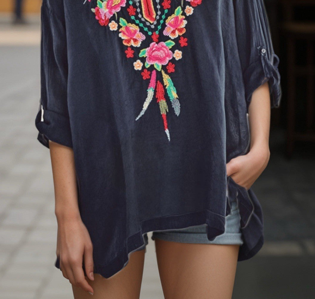 Johnny Was XL Tunic Top Blouse Shirt Navy Embroidered Silky Lightweight Cool Johnny Was