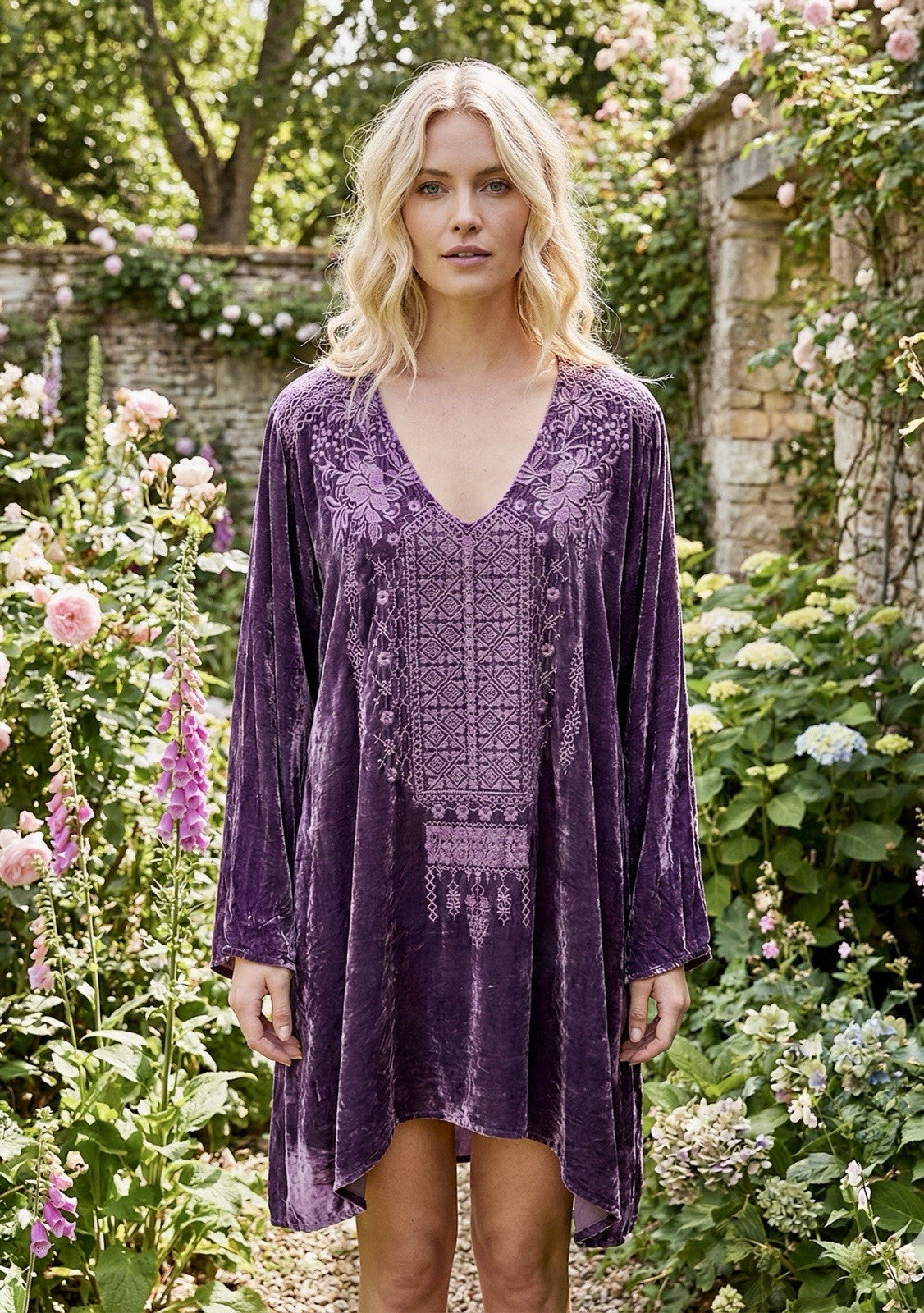 Johnny Was 3X Purple Plum Velvet Tunic Top Mini Dress Tonal Embroidery BOHO Johnny Was