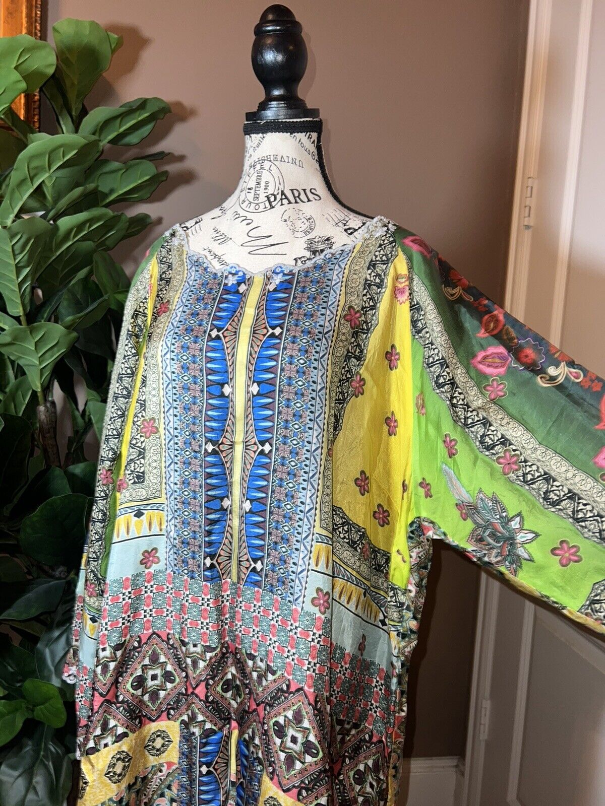 100% Silk Johnny Was Tunic Top 1X 1XL Kimono Sleeves Colorful Spring