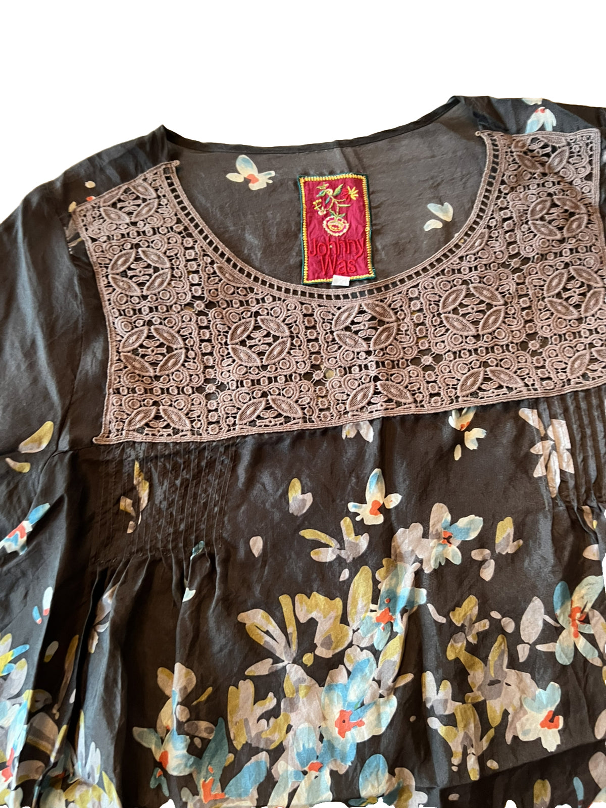 Johnny Was M 100% Silk Peasant Blouse Tunic Top Crocheted Neck Lightweight Cool Johnny Was