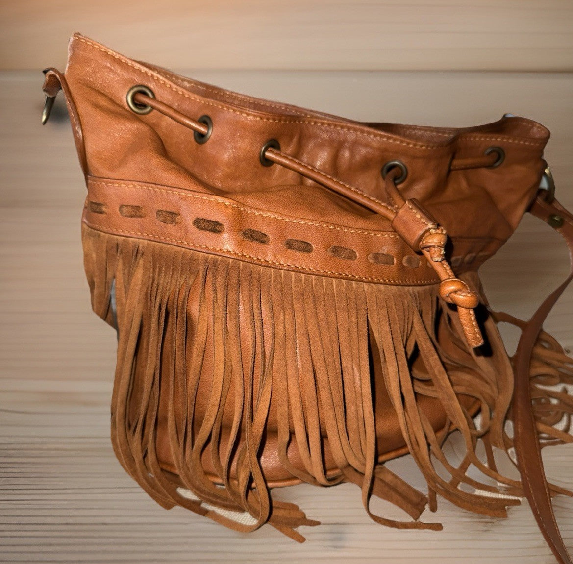 Johnny Was Brown Leather & Fringe Bucket Bag Purse Hobo Shoulder Tote Johnny Was