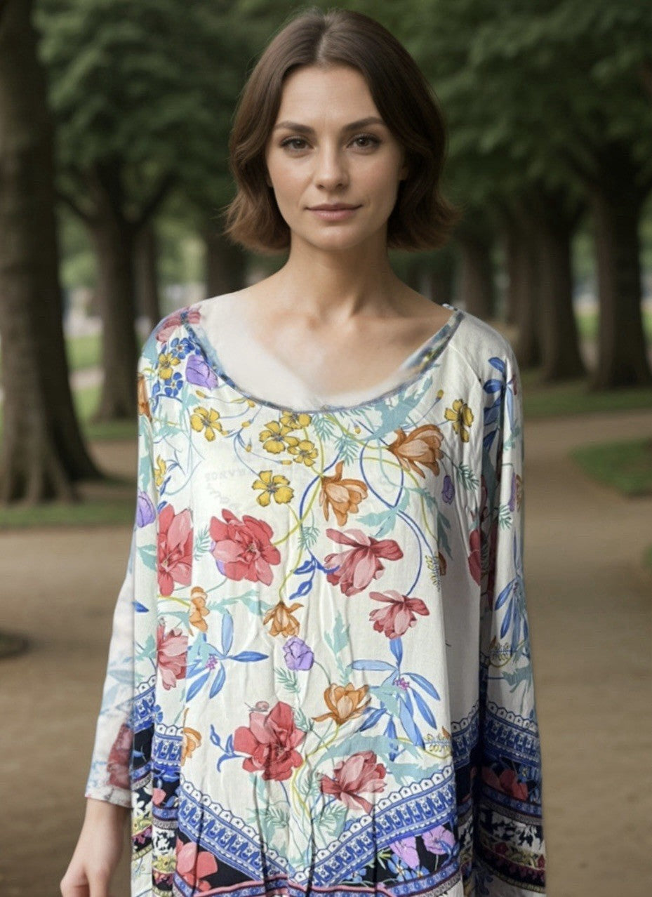 Johnny Was 1X Peasant Blouse Silky Floral Tunic Top Lightweight Cool White BOHO Johnny Was