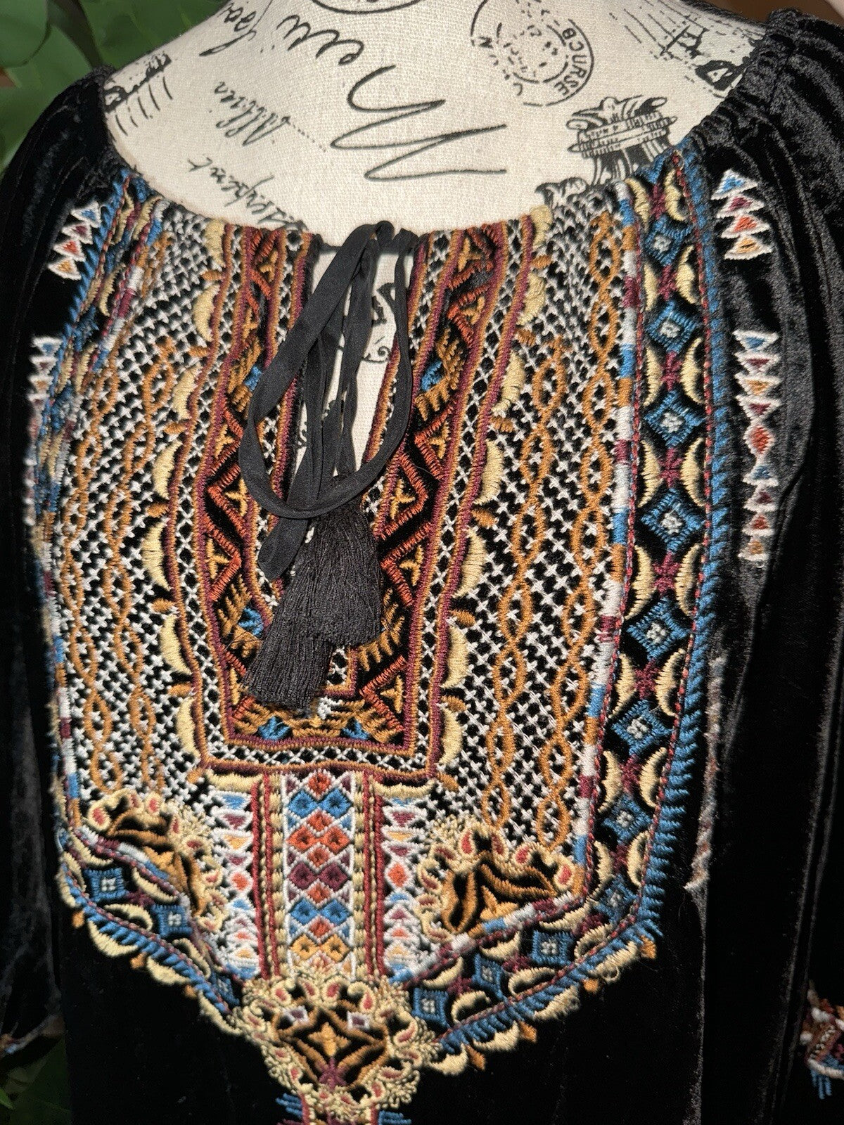 JOHNNY WAS L Large Black Velvet Peasant Blouse Shirt Tunic Top Embroidered Johnny Was