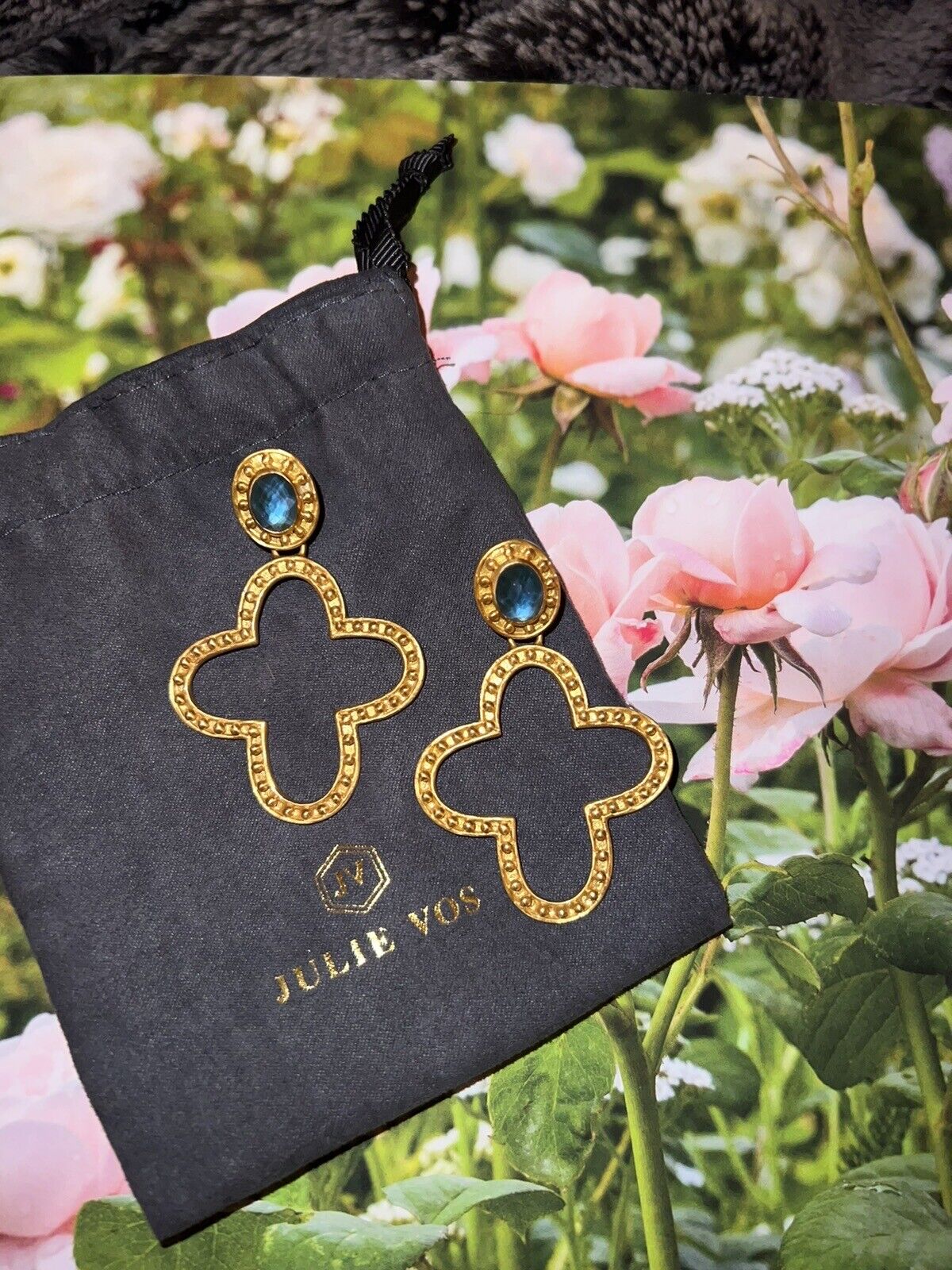 Julie Vos 24k Gold Plate & Blue Stone Cross Statement Earrings WOW