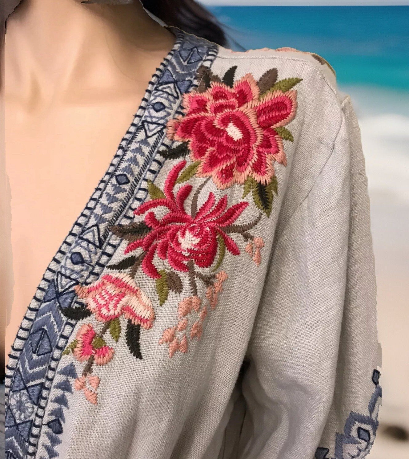 Johnny Was Grey XL Long Kimono Duster Coat Embroidery Linen MISSING BELT Johnny Was