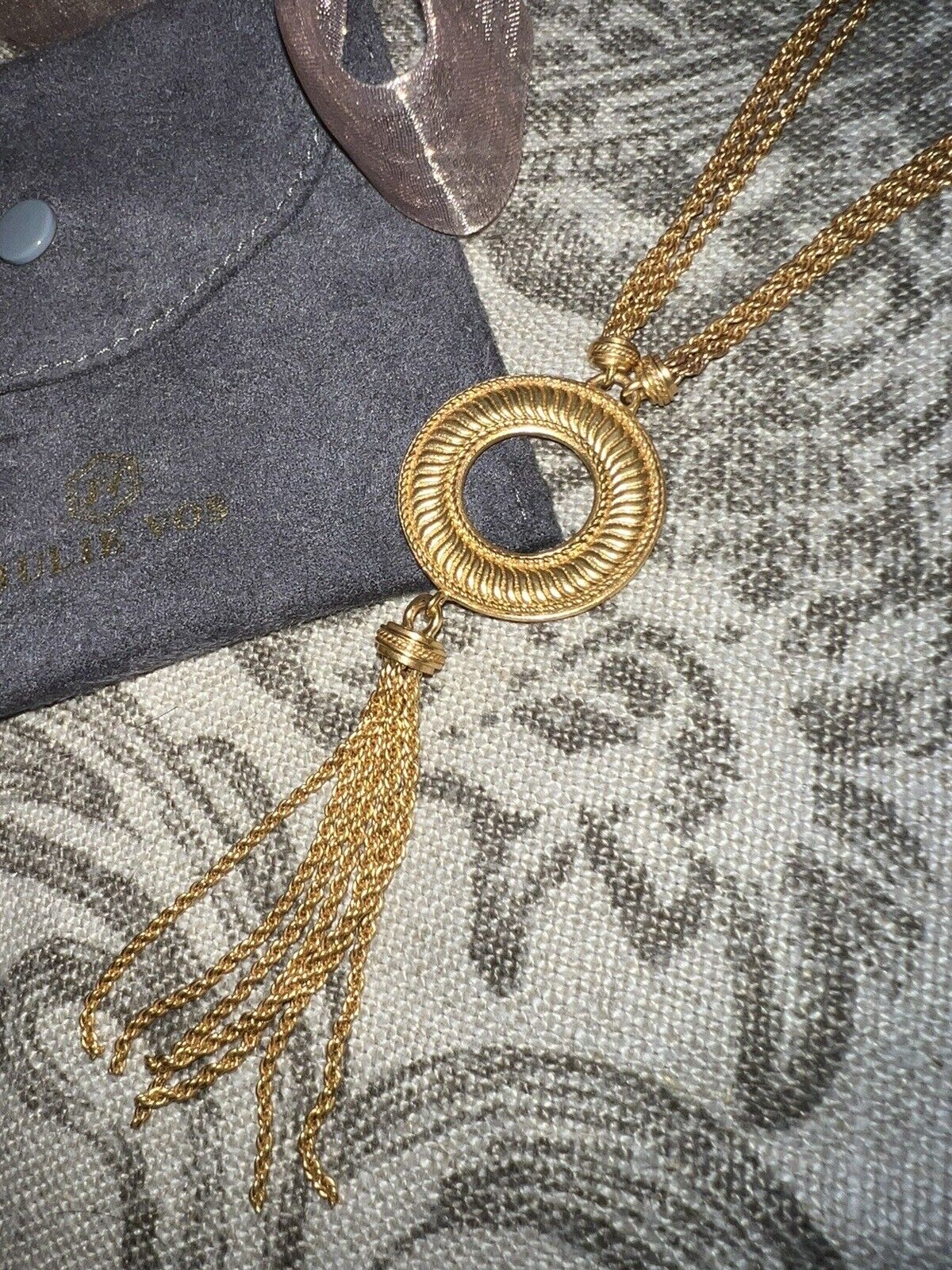 Julie Vos Round Pendant & Tassels On  Long Necklace 21” Drop 24k Gold Plated