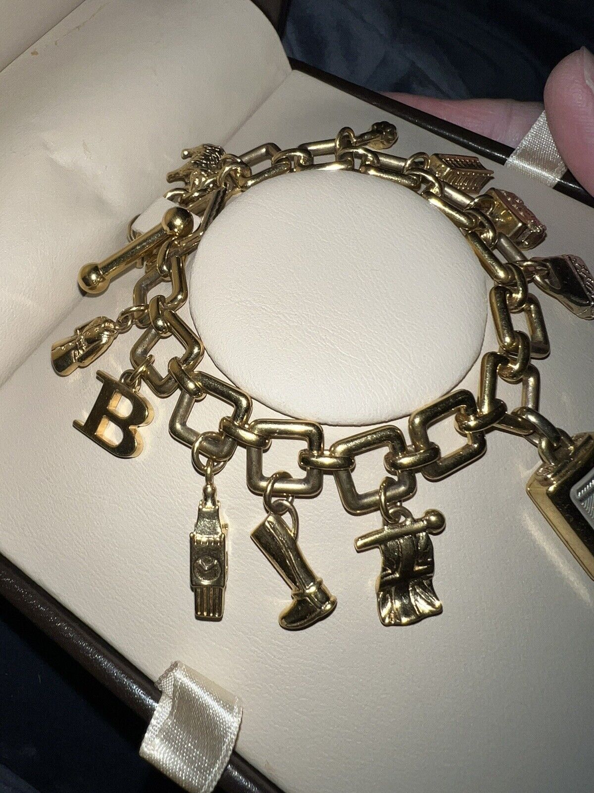 BURBERRY Gold Plated Charm Bracelet Watch RARE Box, Manuals, Tags Needs Battery