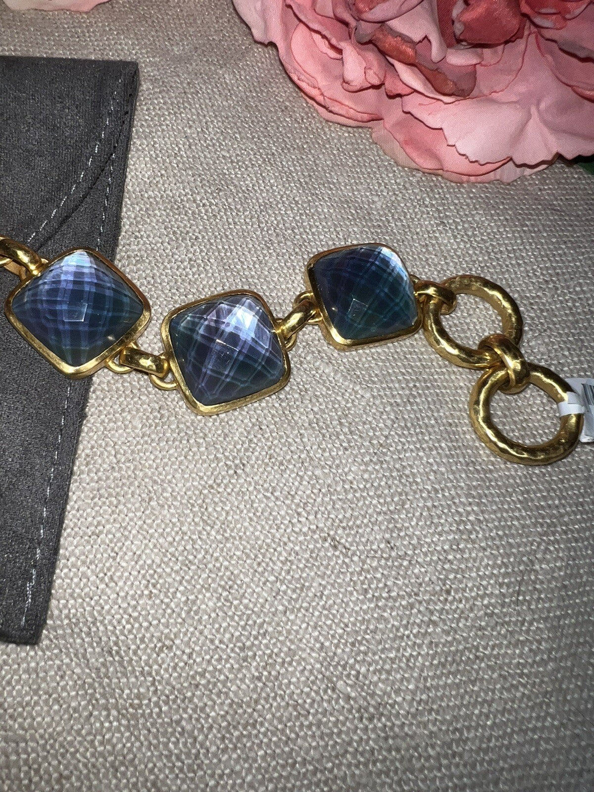 Julie Vos 8” Large Size Deep Blue 24k Plated Link Bracelet Adjustable Toggle Julie Vos