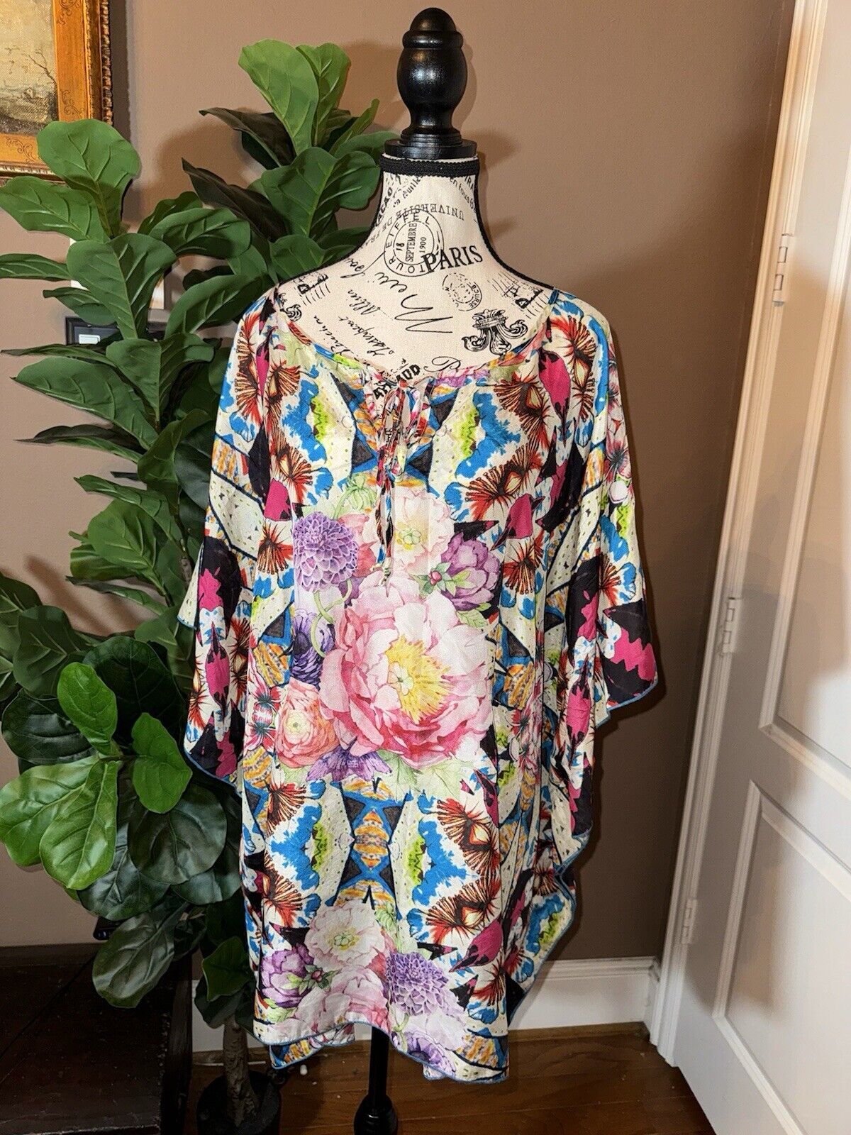 Johnny Was 3X 3XL 100% Silk Poncho Tunic Top Kimono Wrap Pink Floral