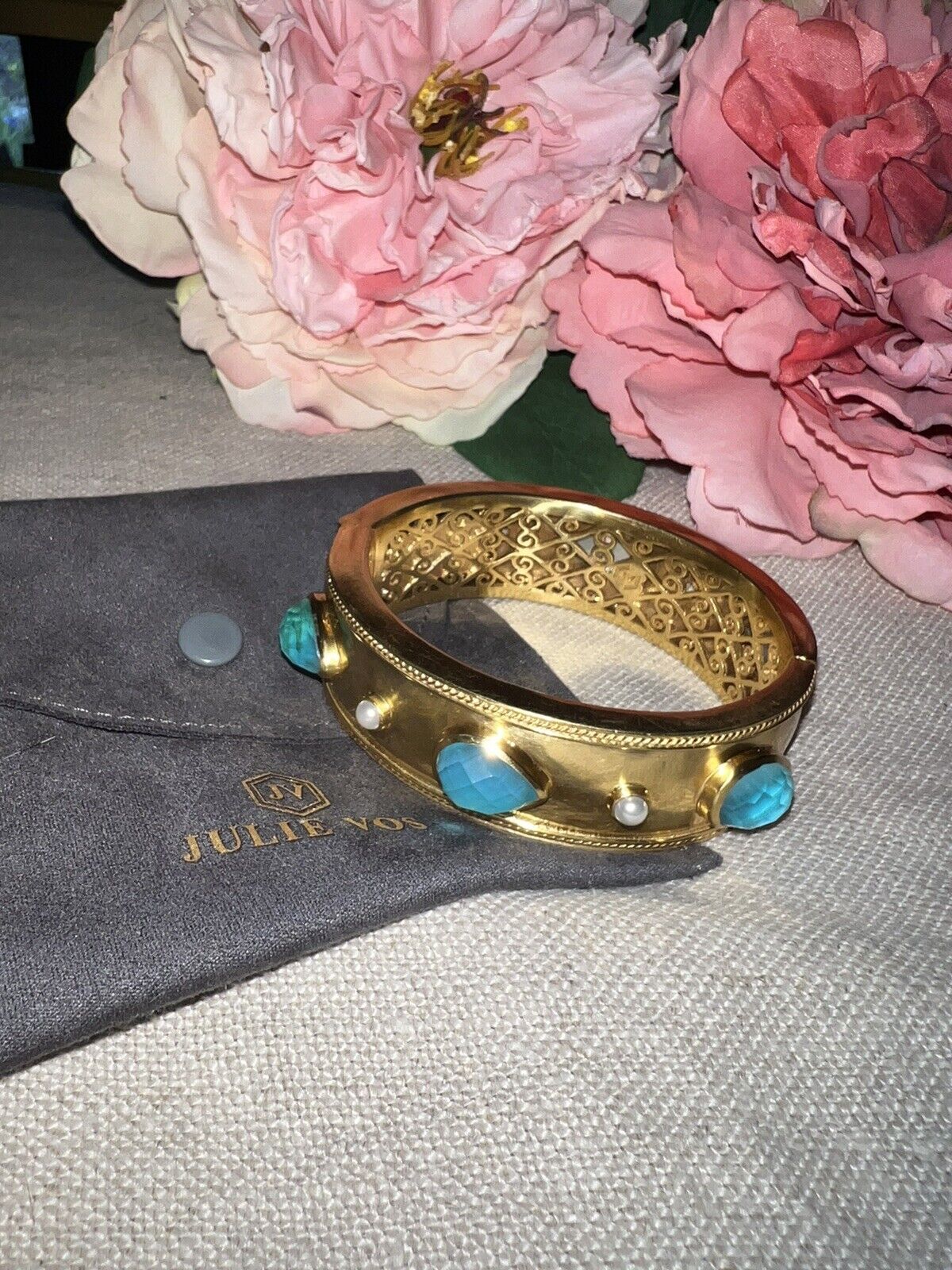 Julie Vos Large Hinged Bangle Cuff Bracelet 24k Gold Plate Bahamian Blue