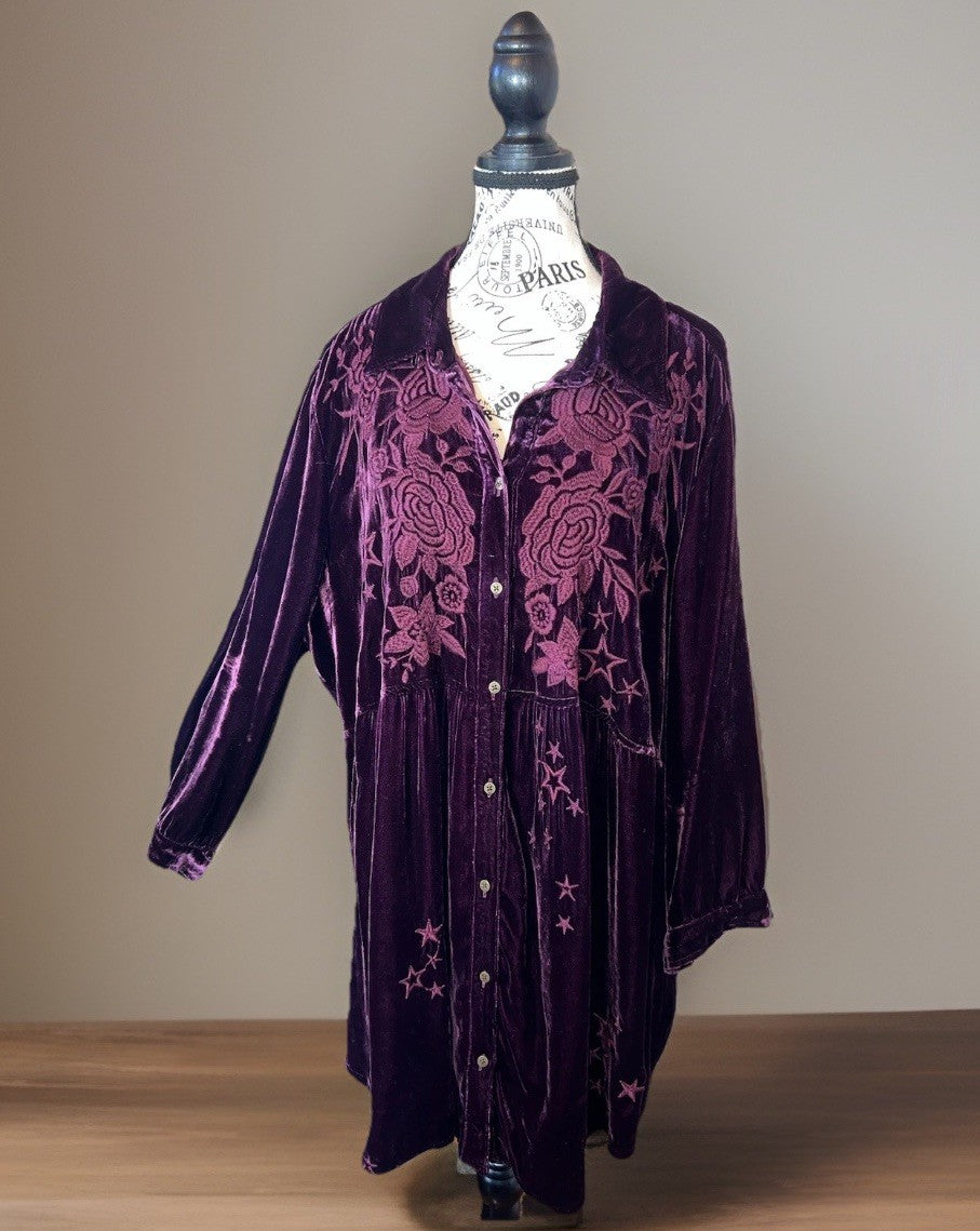Johnny Was 1X Burgundy Wine Velvet Embroidery Shirt Peplum Top Button Babydoll Johnny Was
