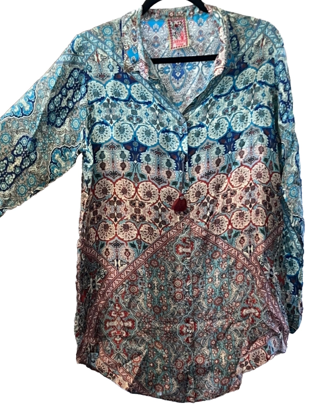 Johnny Was L 100% Silk Button Up Blouse Tunic Top Long Sleeve Lightweight Cool Johnny Was