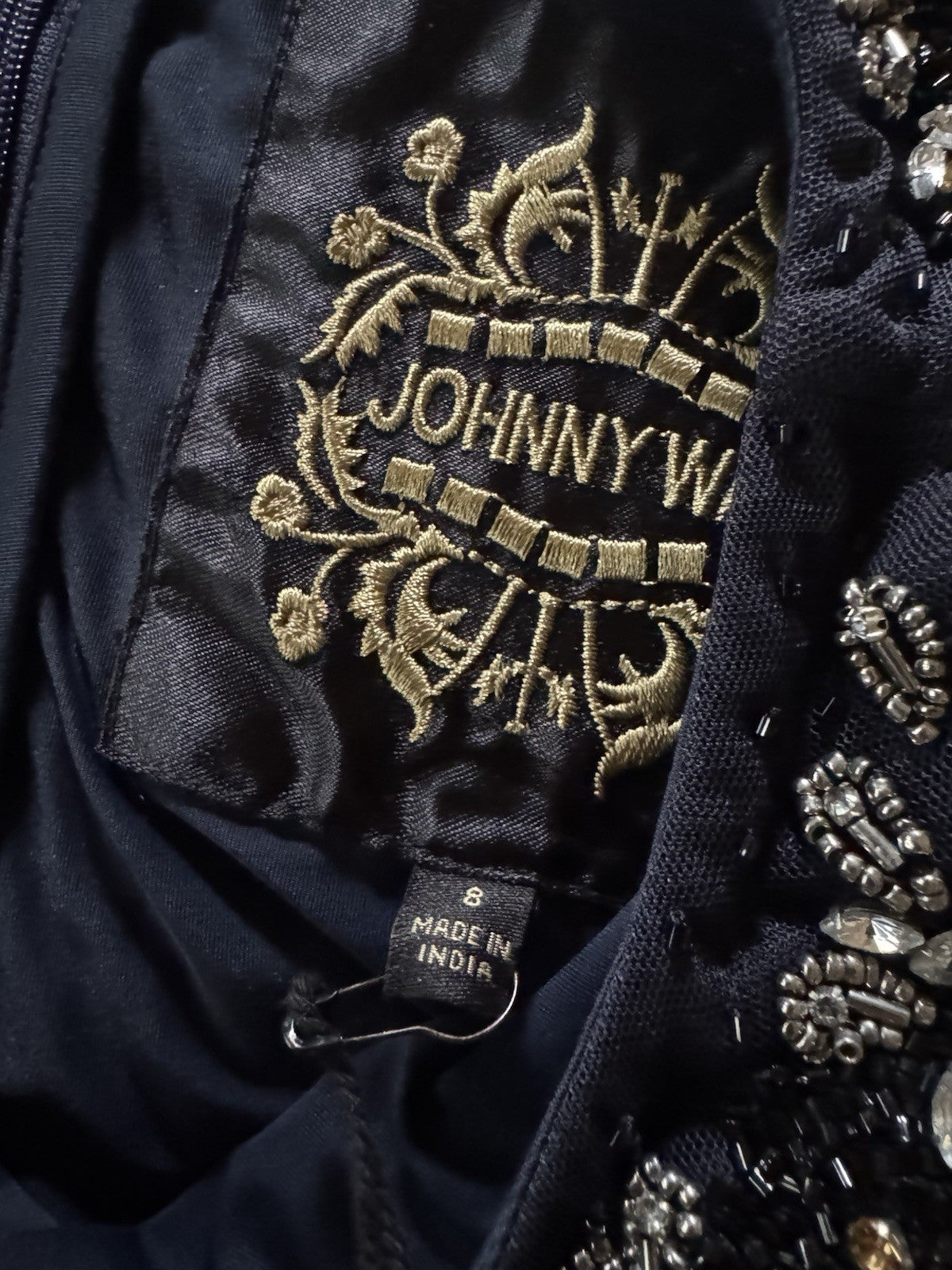 Johnny Was Black Label Sz 8 Jeweled Mesh MIDI Dress Dark Navy $598 Ret Johnny Was