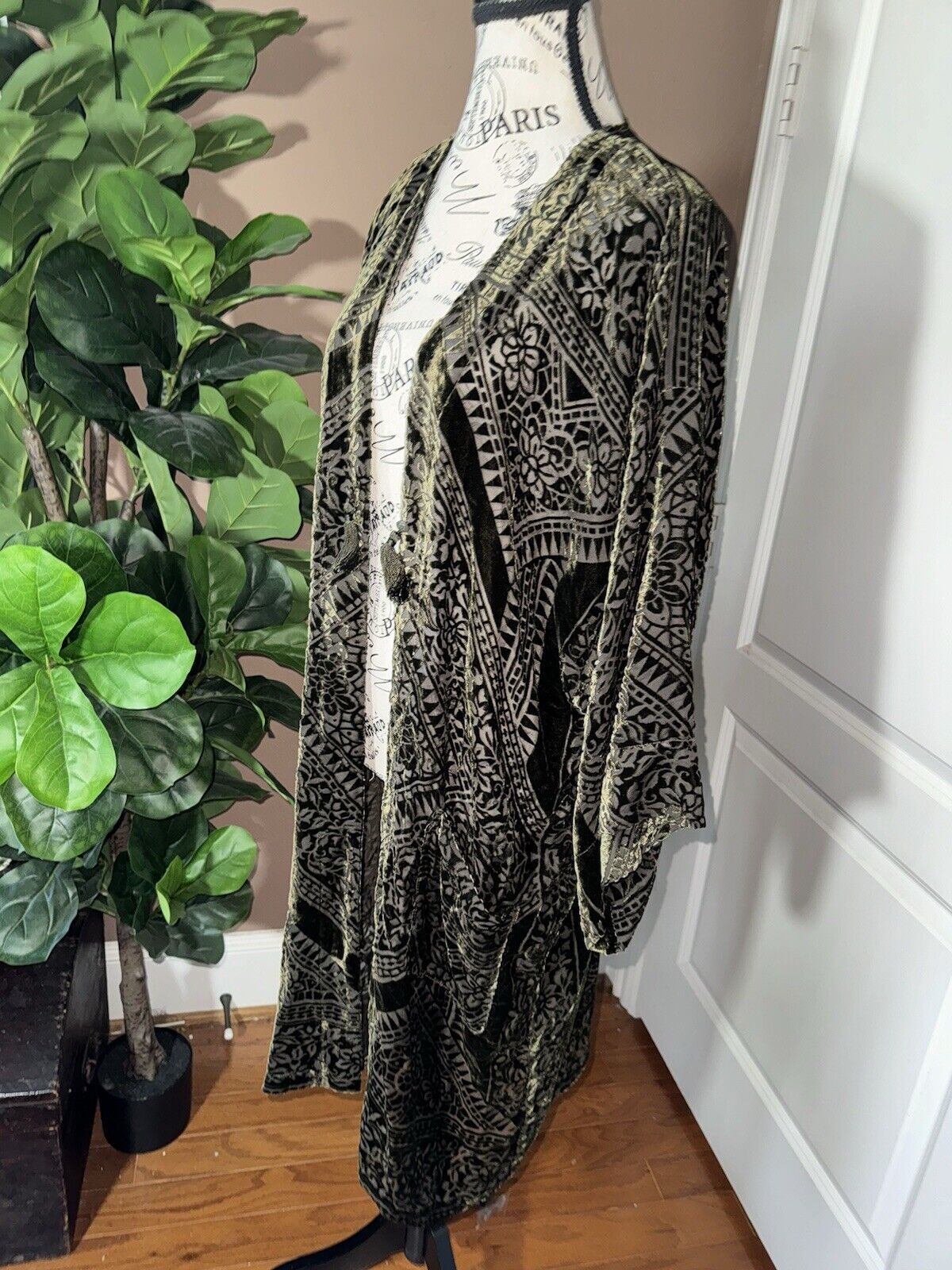 Johnny Was XL Deep Green Burnout Velvet Long Kimono Duster Wrap Jacket