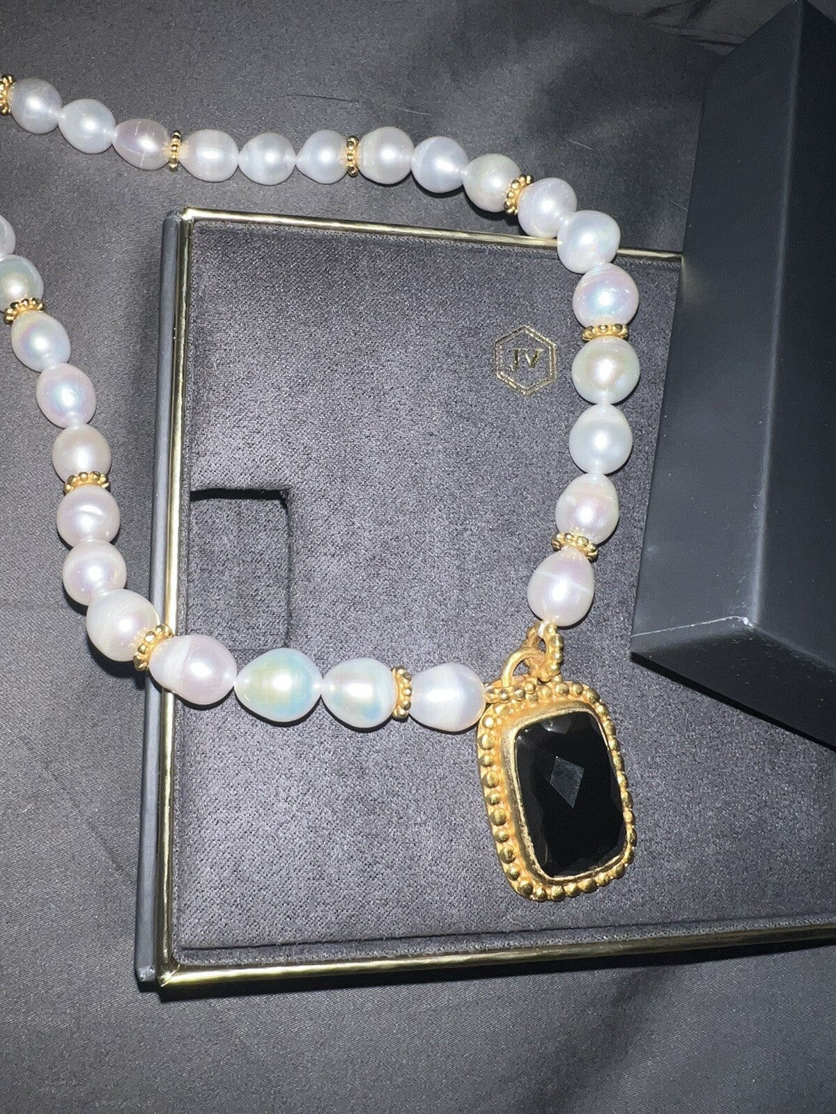 Julie Vos Freshwater Pearl & Obsidian 24k Gold Plate Statement Necklace WOW! Julie Vos