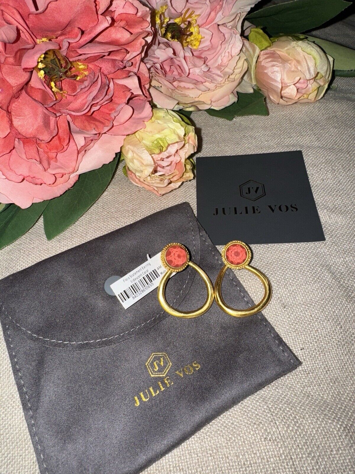 Julie Vos Iridescent Coral Hanging Hoops 24k Gold Plated Earrings