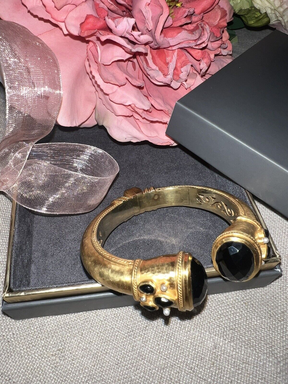 Julie Vos Large Hinged Bangle Bracelet Black Obsidian & Pearl 24k Gold Plated