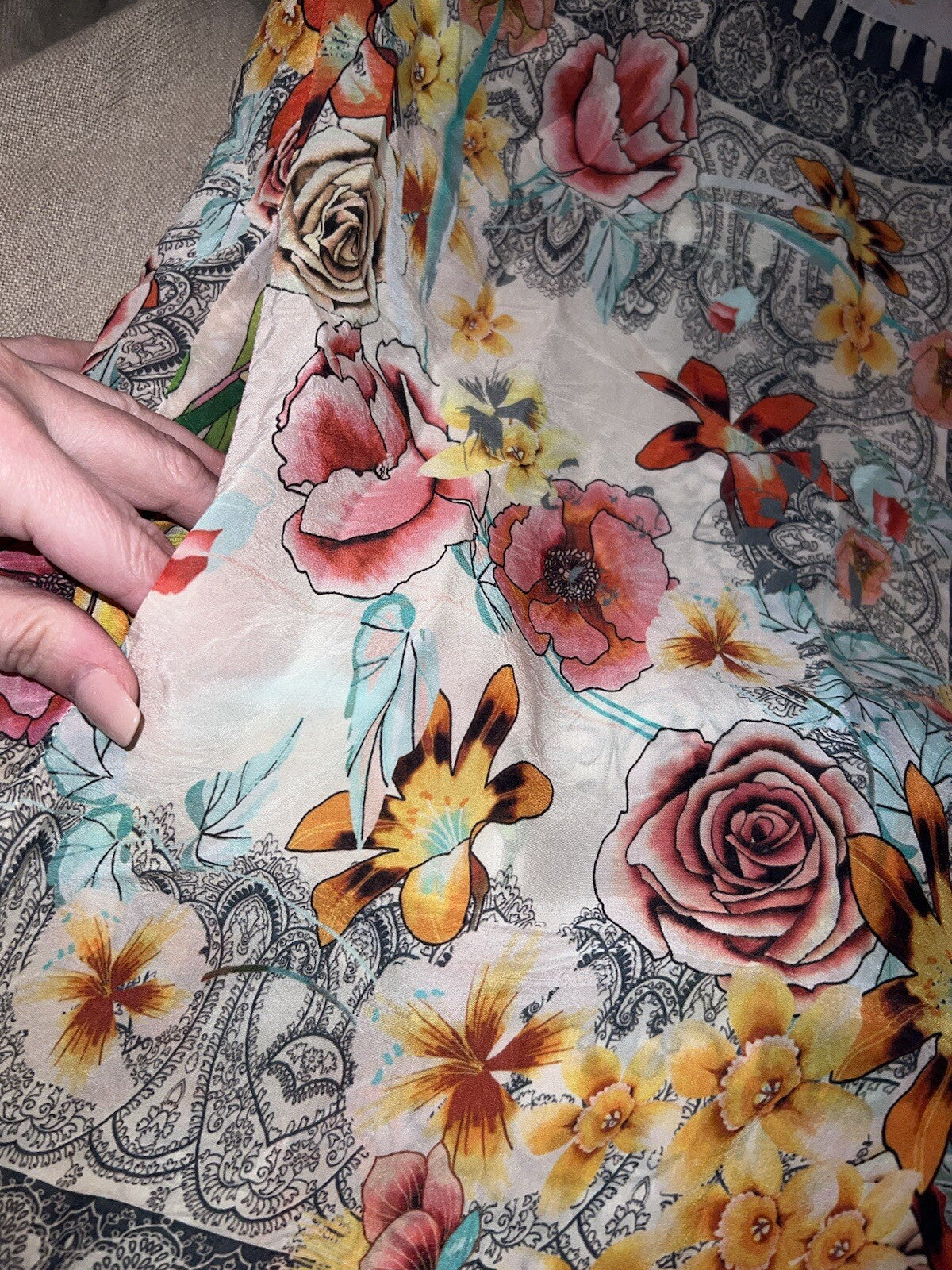 Johnny Was XL Silky Kimono Lightweight Cool Jacket Wrap Embroidered Pockets BOHO Johnny Was