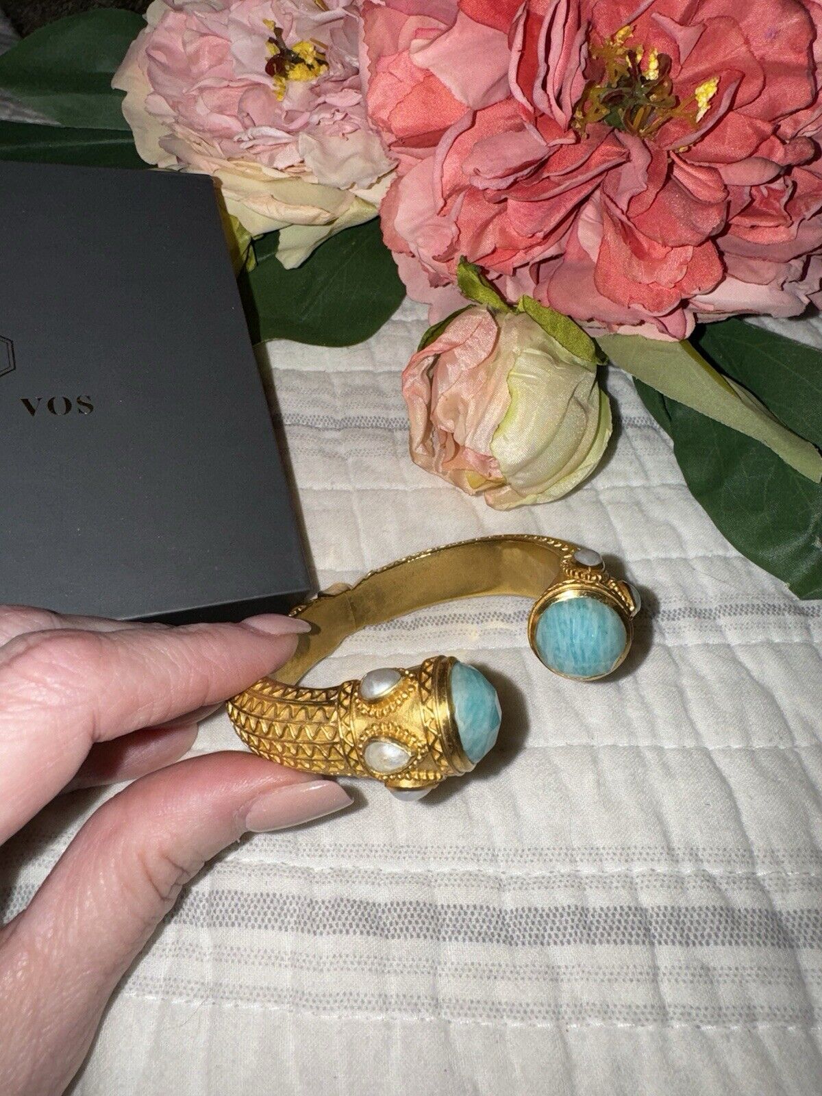 RETIRED Julie Vos Turquoise & Pearl Hinged Bangle Cuff Bracelet 24k Gold Plated