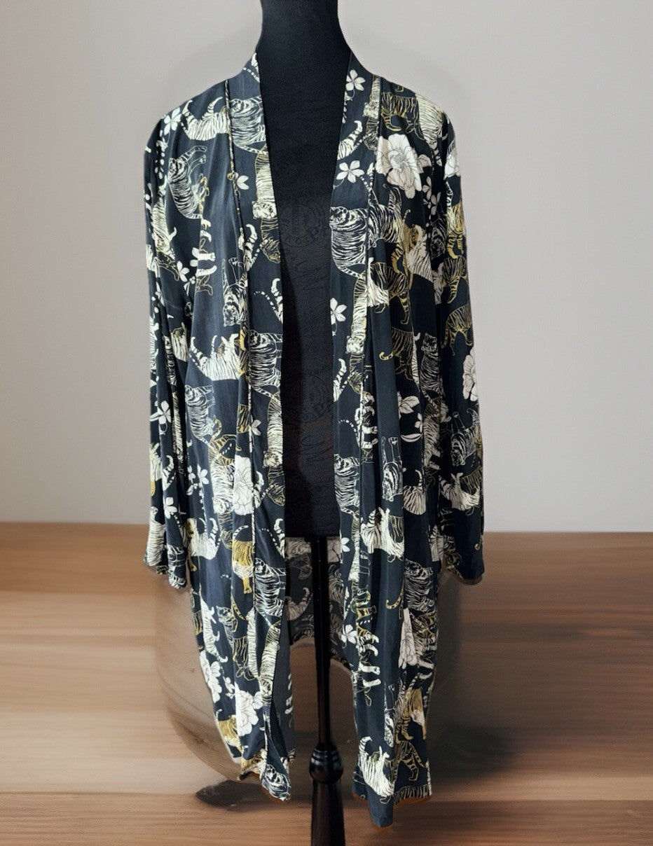 Johnny Was L 100% Silk KIMONO Black Tiger Print Cats Duster Lightweight Jacket Johnny Was